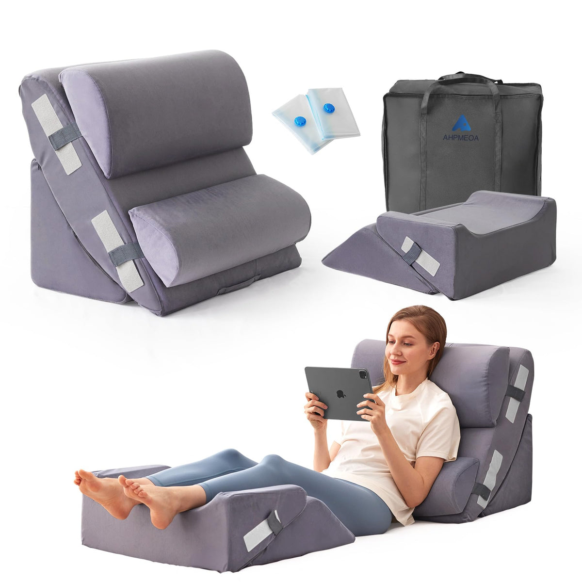 Ahpmeoa 6PCS Wedge Pillow Set for After Surgery, Bed Wedge Pillow Post Surgery, Bed Pillows for Sitting Up, Sleeping, Acid Relux, Memory Foam Back Pillow, Beds Wedges & Body Positioners, White/Grey