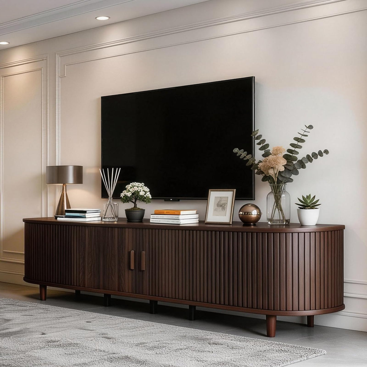 MXV 58" Mid-Century Modern TV Stand with Sliding Doors, TV Consoles with Power Outlet, Fluted Entertainment Center with Adjustable Shelves for Living Room