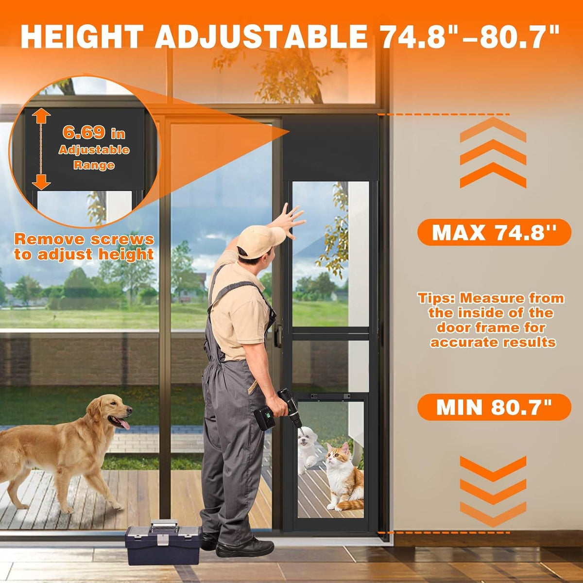 Dog Door for Sliding Glass Doors, 74.8'' to 80.7'' Height Adjustable Pet Door with 13.38'' Wide & 16.1" × 10.2" Pet Opening, Insert Pet Door with Security Lock for Small & Medium Dogs