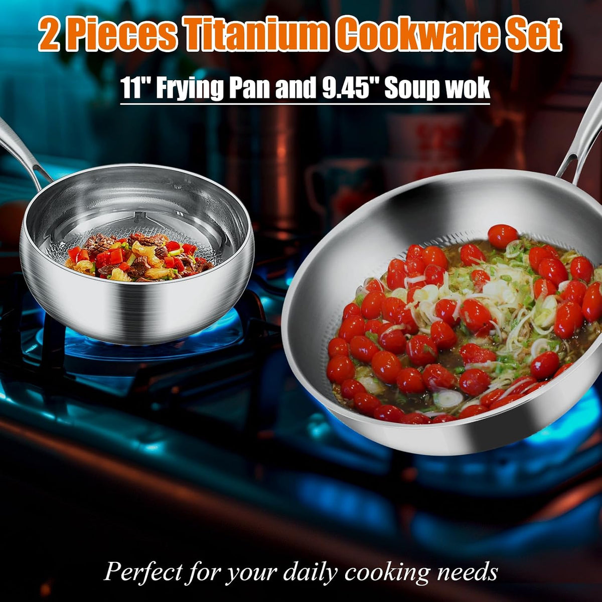 Titanium Cookware Set, 11'' Titanium Pans for Cooking, 9.45'' Soup Wok with Lid, Titanium Hammered Chef-Grade Design,PFAS/PFOA/PTFE-Free, Induction & Oven-Safe, Dishwasher Safe,Pan soup wok,11