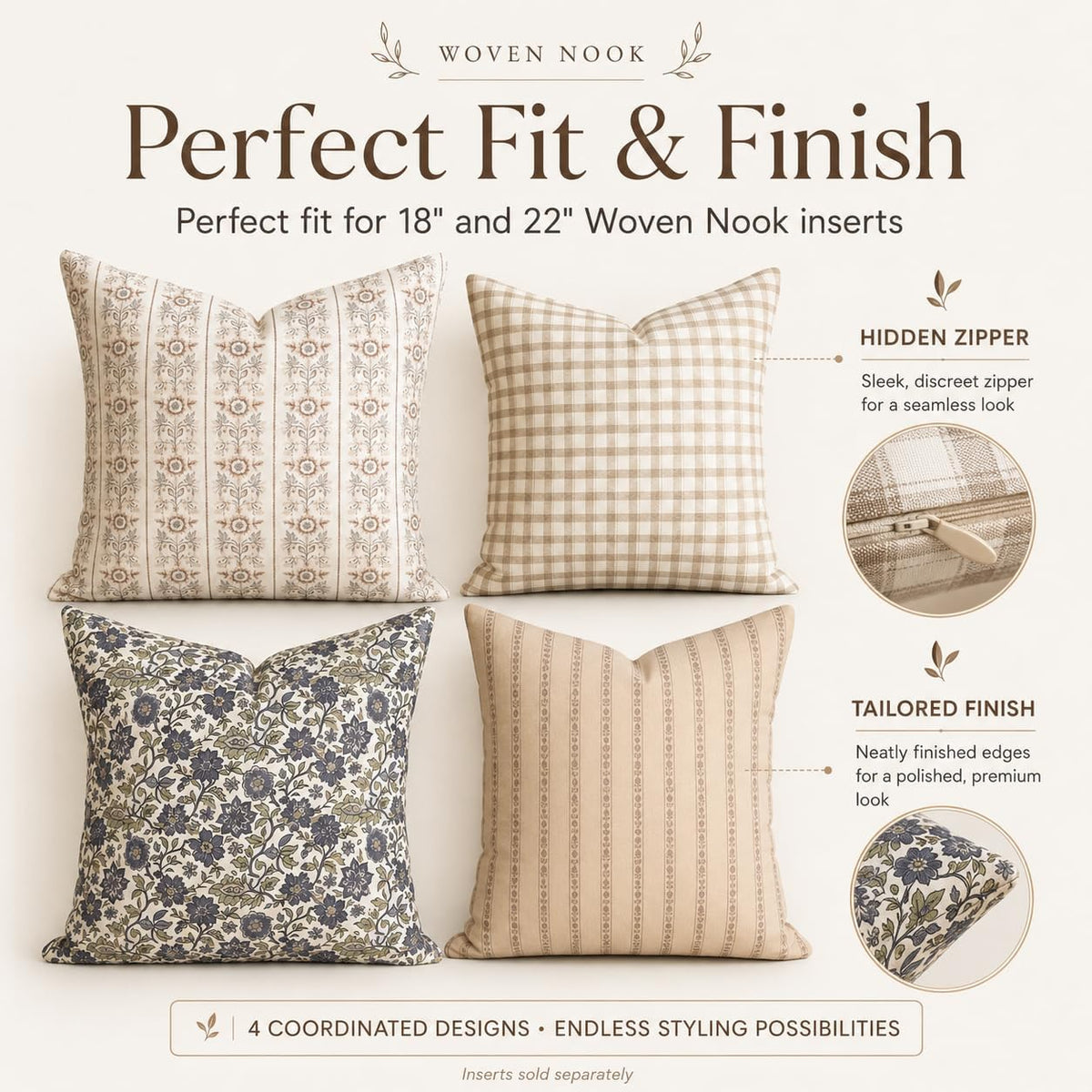 Woven Nook - 4 Pack - Modern & Luxurious Decorative Throw Pillow Covers - Durable Quality & Machine Washable - House Becomes Home - (22x22)