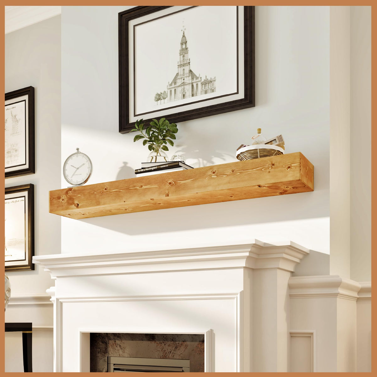 Avana Fireplace Mantel - Wall-Mounted Mantles for Over Fireplace - Farmhouse Fireplace Mantle Shelves - Handcrafted Wood Fireplace Mantels - Floating Mantel 72 Inches X 8 X 5 - Rustic Natural