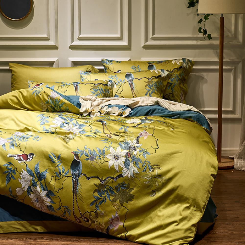 LifeTB Green Floral 100% Jersey Knit Cotton Duvet Cover Queen Vintage Style Botanical Floral Bedding Set Chic Shabby Green Floral Comforter Cover Girl Women Flower Bedding Cover with 2 Pillowcases