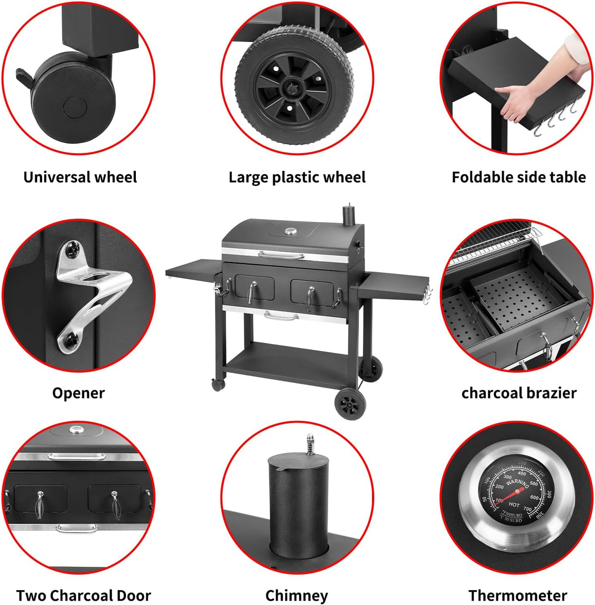 Charcoal Grill 753 Sq In,Extra Large BBQ Grill Adjustable Charcoal Trays