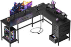 Korfile 59 inch L Shaped Computer Desk with Power Outlets, Black