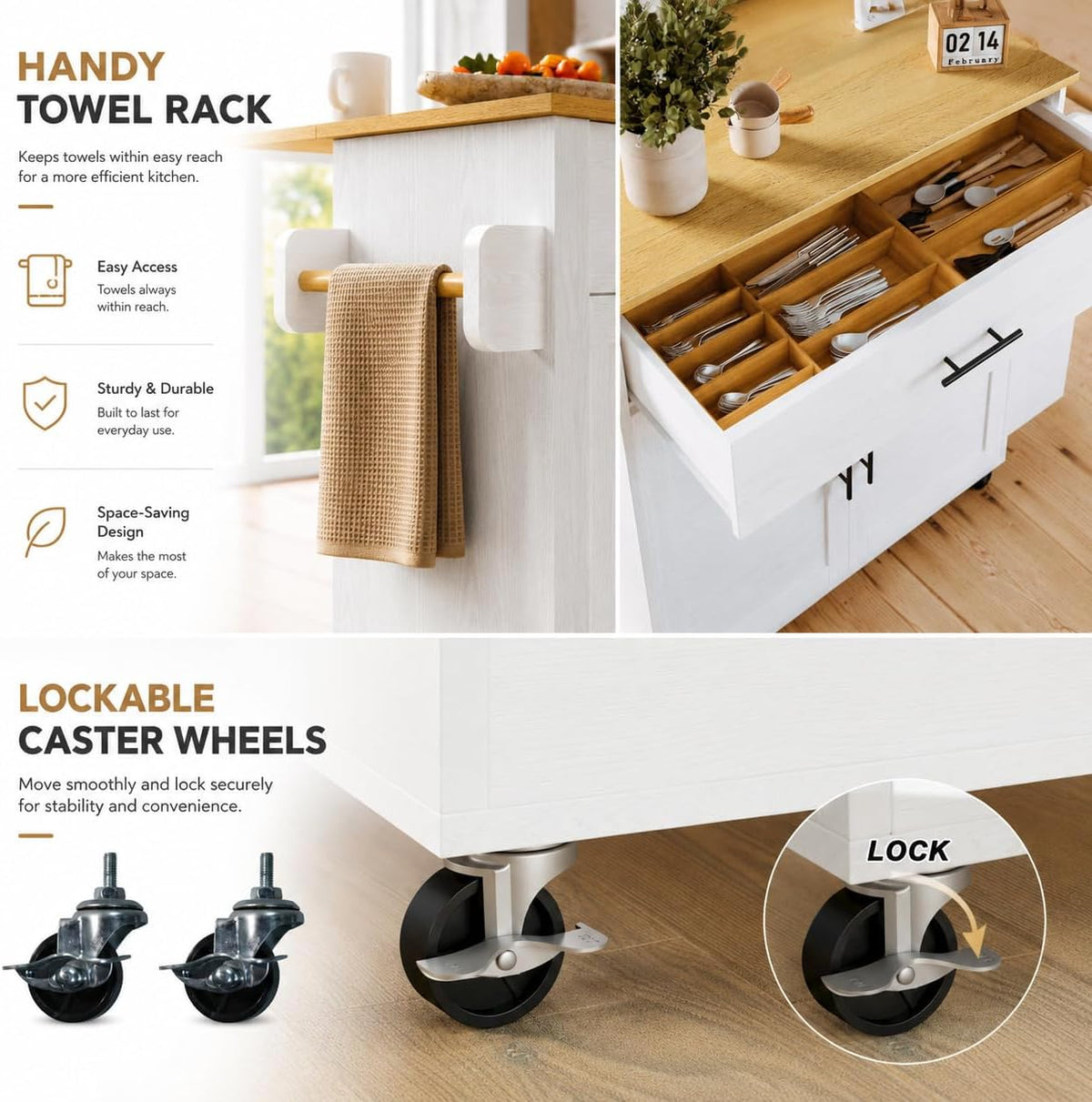 IRONCK Kitchen Island with Power Outlet, 3-Tier Side Storage Rack, White