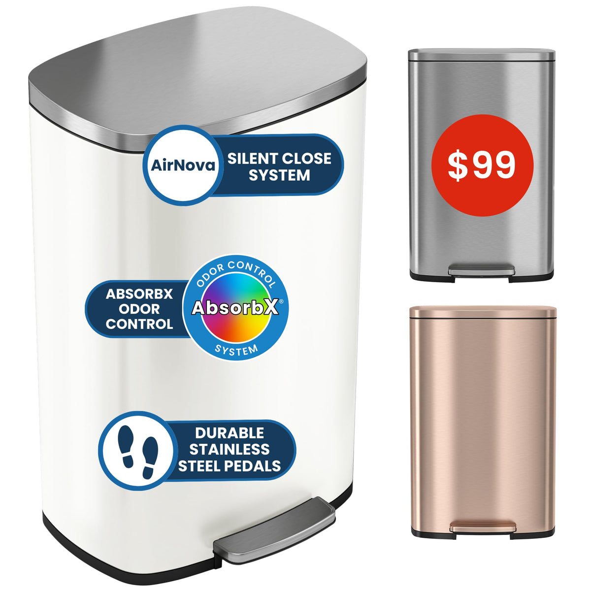 iTouchless 13.2 Gal / 50L Slim Step Pedal Kitchen Trash Can | Odor Filter