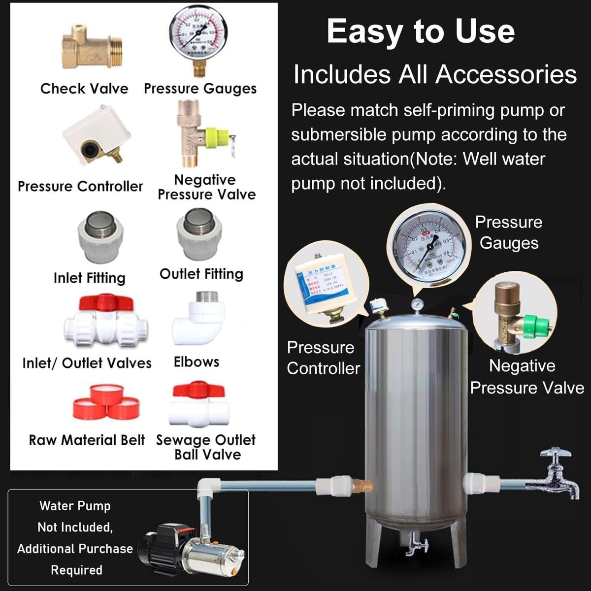 Well Pressure Tank 60gal 50gal 40gal 26gal Deep Well Pressure Tank with Installation Kit, Home/Garden Water Storage Tanks Pressurized Stainless Steel for Well Pump(60L/15.8GAL/23.6X15.7IN)