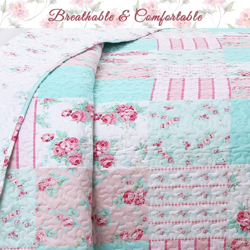 Cozy Line Home Fashions Bloom Floral Blue Rose Spring Reversible Quilt Bedding Set, Coverlet Bedspread Lightweight for All Seasons (Pink Garden, Queen - 6 Piece)