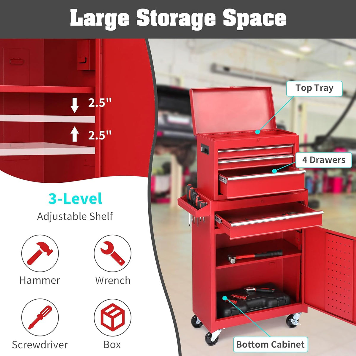 Winado 4-Drawer Rolling Tool Chest, 2-in-1 Large Storage Toolbox, Red
