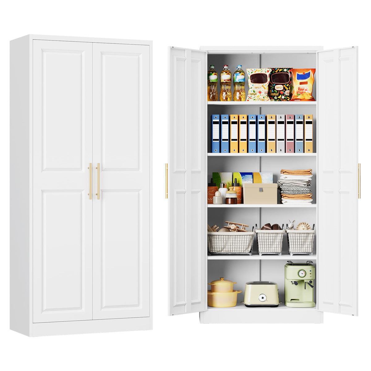 SISESOL 67" Tall Narrow Bathroom Storage Cabinet, 2 Door and 7 Shelves Slim Kitchen Pantry Cabinet, White Metal Bathroom Cabinets,Large Cupboard for Home,Kitchen,Laundry,Bathroom