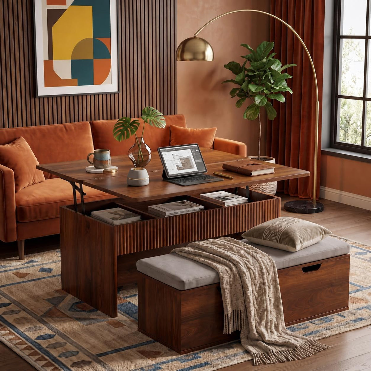 Lift Top Coffee Table with Bench and Storage, 39.4 Inch Convertible Coffee Table Dining Table Set with Hidden Storage, Upholstered Bench, Dual Lift Top for Living Room, Apartment, Walnut