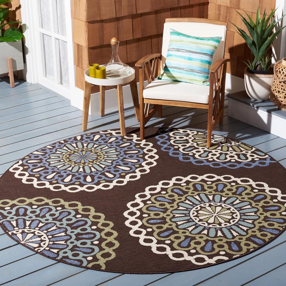 Safavieh Veranda Collection 6'7" x 6'7" Round Cream/Blue VER092 Boho Floral Indoor/Outdoor Non-Shedding Easy Cleaning Patio Backyard Porch Deck Mudroom Area Rug