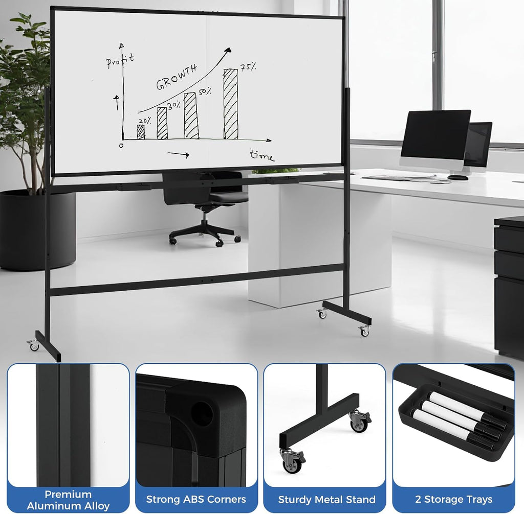 Double-Sided Mobile Whiteboard on Wheels, 72" x 36" Large Dry Erase Board with Stand & Aluminum Alloy Frame, Rolling Magnetic Standing Whiteboard for Office & Classroom (Black)