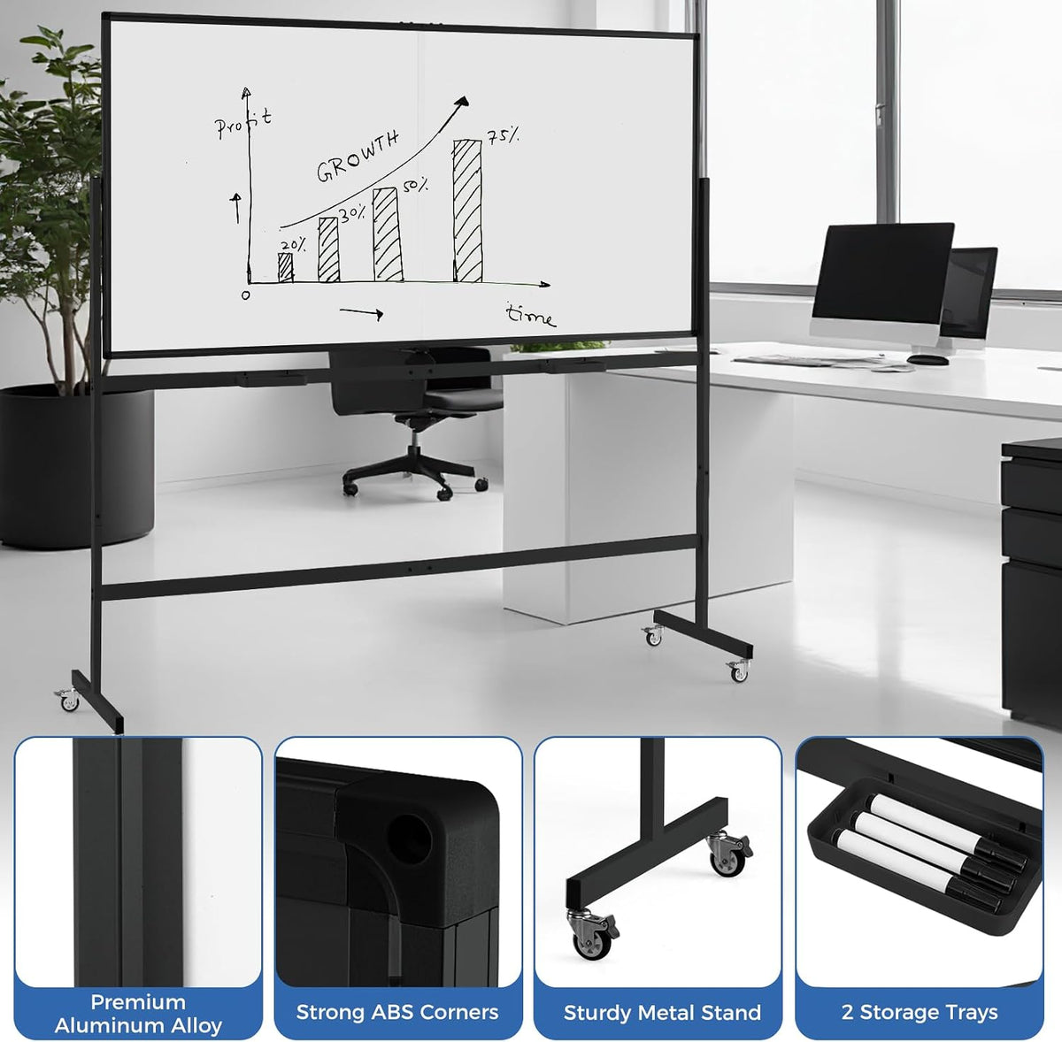 Double-Sided Mobile Whiteboard on Wheels, 72" x 36" Large Dry Erase Board with Stand & Aluminum Alloy Frame, Rolling Magnetic Standing Whiteboard for Office & Classroom (Black)