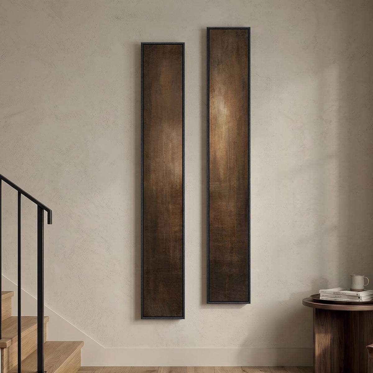 Large Framed Beige Cream Abstract Vertical Wall Art for Hallway, 2 Piece