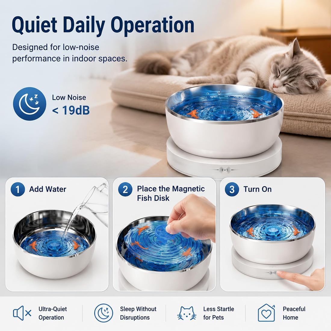 Smart Magnetic Cat Water Fountain - 304 Wireless Motion-Activated Cat Water Fountain Stainless Steel with Fish Motion, 27oz Cat Water Fountain for Cats & Small Dogs, Dishwasher Safe, No Noise