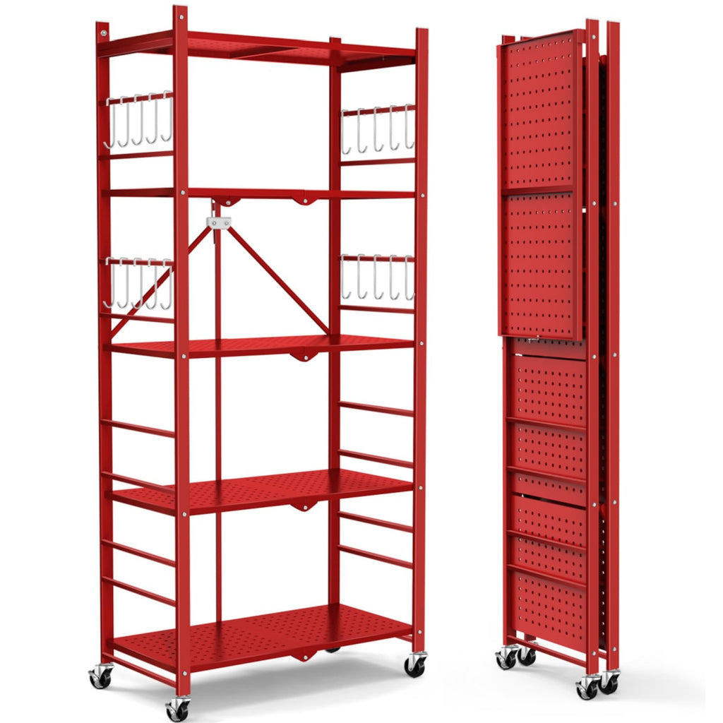Himix 5-Tier Foldable Storage Shelves with 20 Hooks Wheels Kitchen Black