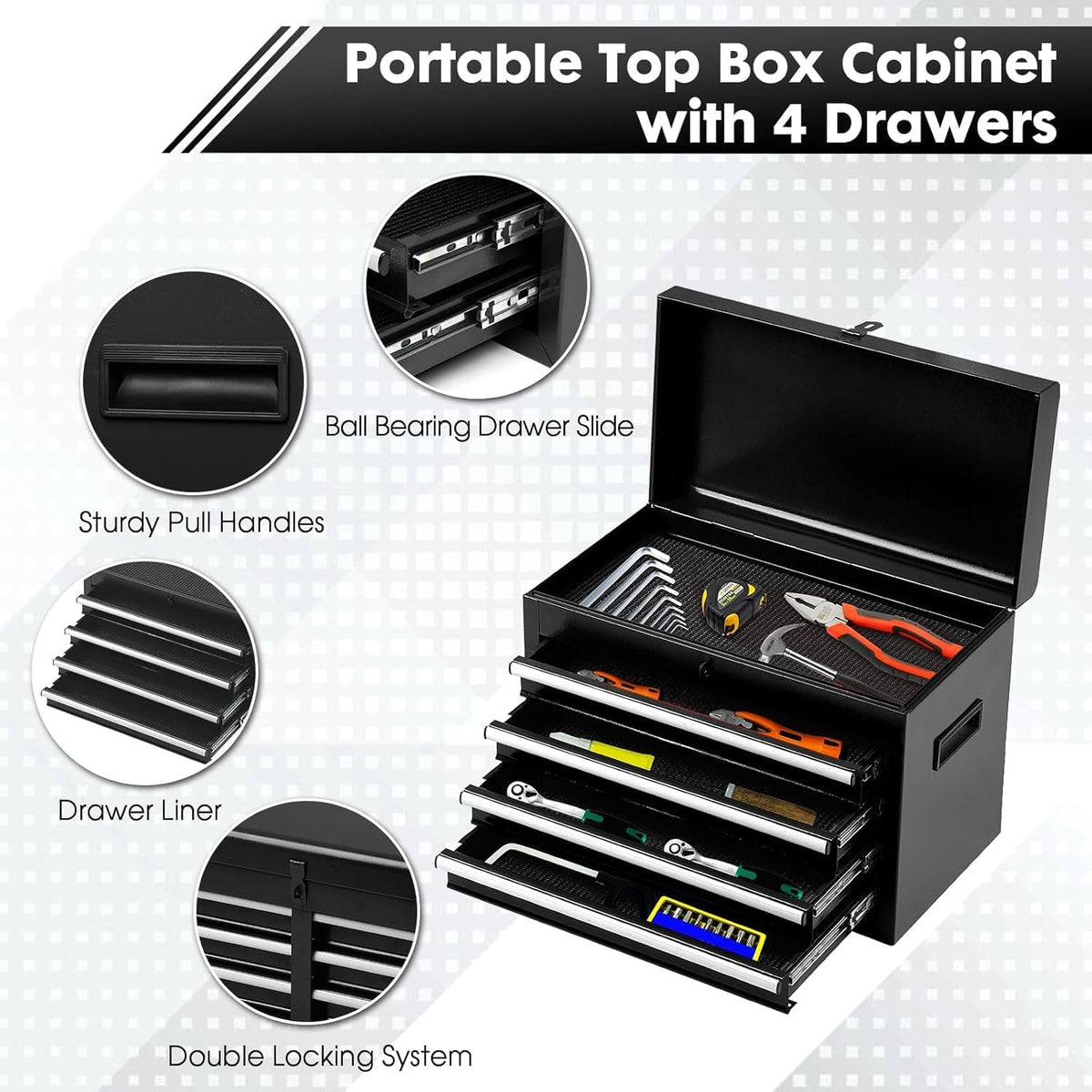 5-Drawer Rolling Tool Box with Lockable Wheels, Tool Chest with Detachable Tool Box, 4 Hooks, and Liner, Heavy-Duty Metal Tool Cart for Garage and Workshop Storage, Black