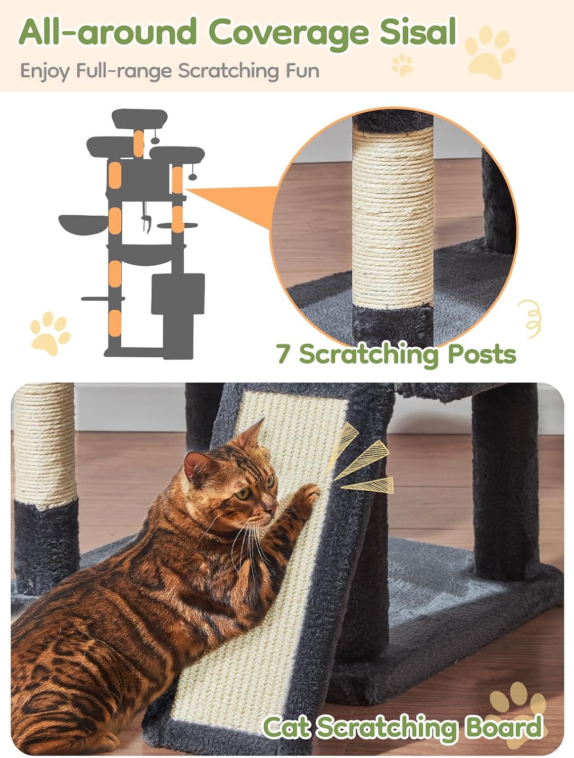Taoqimiao Tall Cat Tree, 76In XL Cat Tower for Large Cats, 3 Padded Perches