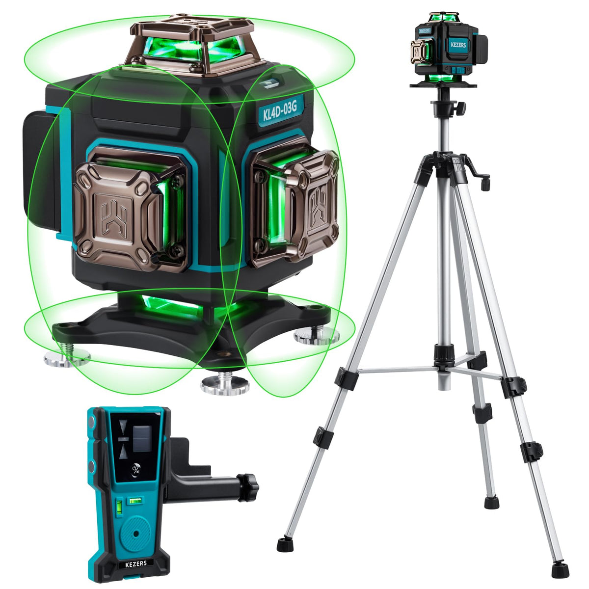 KEZERS Laser Level Set with Receiver,4 x360 Self Leveling Laser Level with Tripod and Grade Rod for Construction,Home Renovation,Hanging Pictures,2 Batteries,Remote Control,Touch Screen