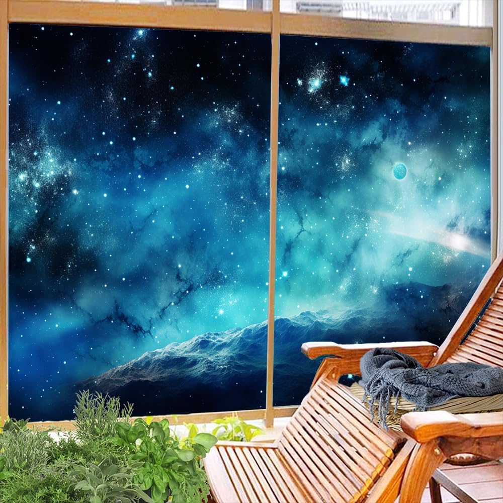 Abstract Universe Privacy Window Film Blue Galaxy Mysterious Planet Stained Glass Window Coverings Adhesive Sticker Frosted Window Film for Home Office Stores 31.5Wx47.2L-inch x2 Pcs