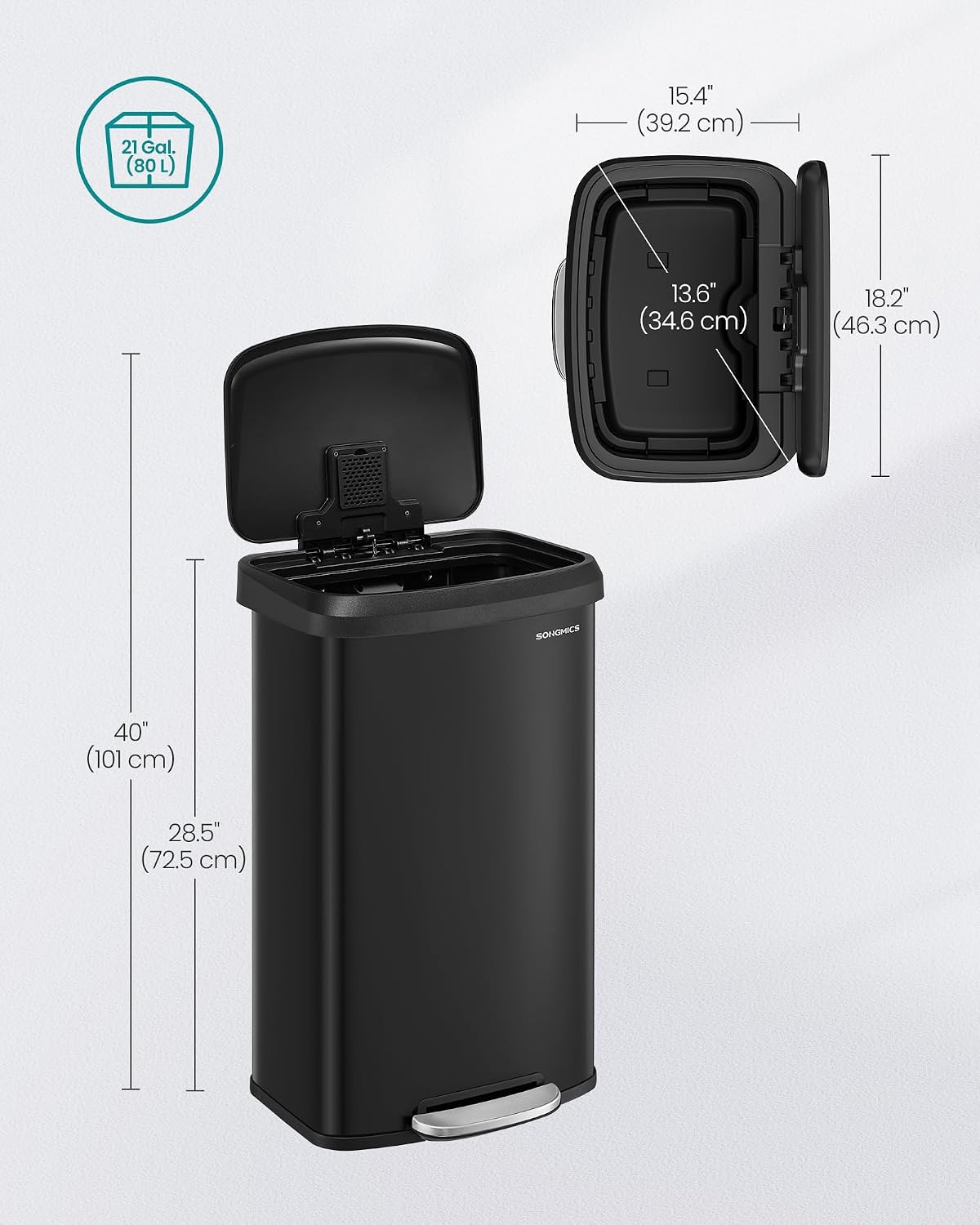 SONGMICS Kitchen Trash Can, 21 Gallon (80 L) Stainless Steel Garbage Can, with Stay-Open Lid and Step-on Pedal, Soft Closure, Tall, Large and Space-Saving, Black ULTB534B01