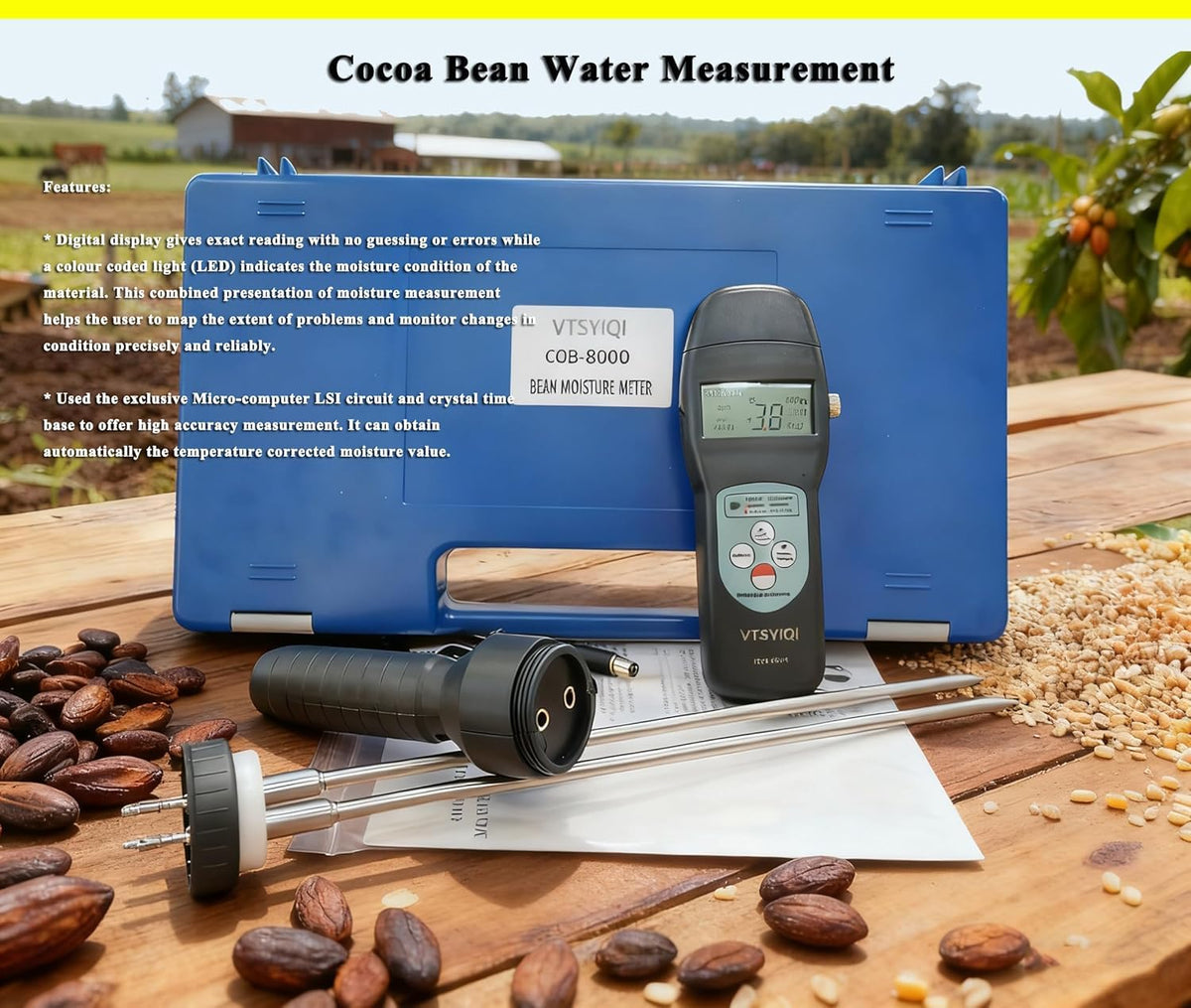 Digital Grain Moisture Tester Coffee Cocoa Beans Moisture Meter Tester for Corn Wheat Seed Coffee with Resolution 0.1 Test Range 0-24% 240 Groups Data Storage