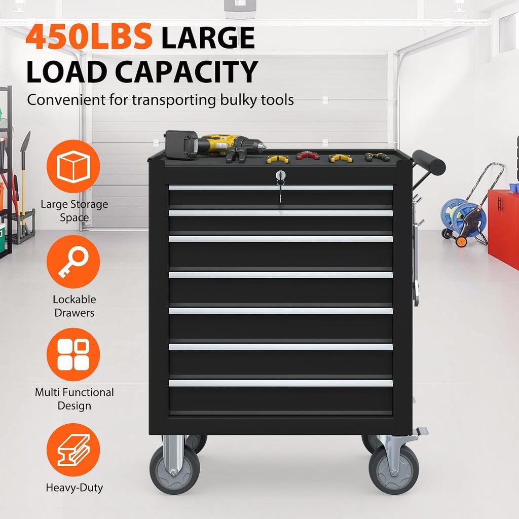 7-Drawer Rolling Tool Chest, Tool Box with 4 Wheels and Drawers, High Capacity Detachable Mobile Tool Storage Cabinet for Garage, Workshop, Mechanics and Repair Room (Black)