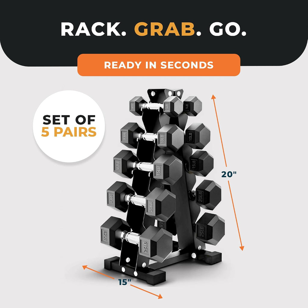 BalanceFrom Rubber Coated Hex Dumbbell Weight Set with Storage Rack, 100LB or 150LB or 200LB Set, 5-20 lbs or 5-25 lbs or 10-30 lbs Pairs