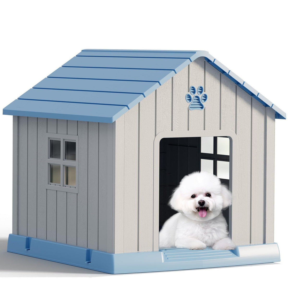Fancyango Large Dog House Outdoor Indoor for Medium Large Dogs, Sturdy Plastic Waterproof Doghouse with Air Vents and Elevated Floor, Easy Clean and Assemble (Grey, 36.2''L×38''W×38''H)
