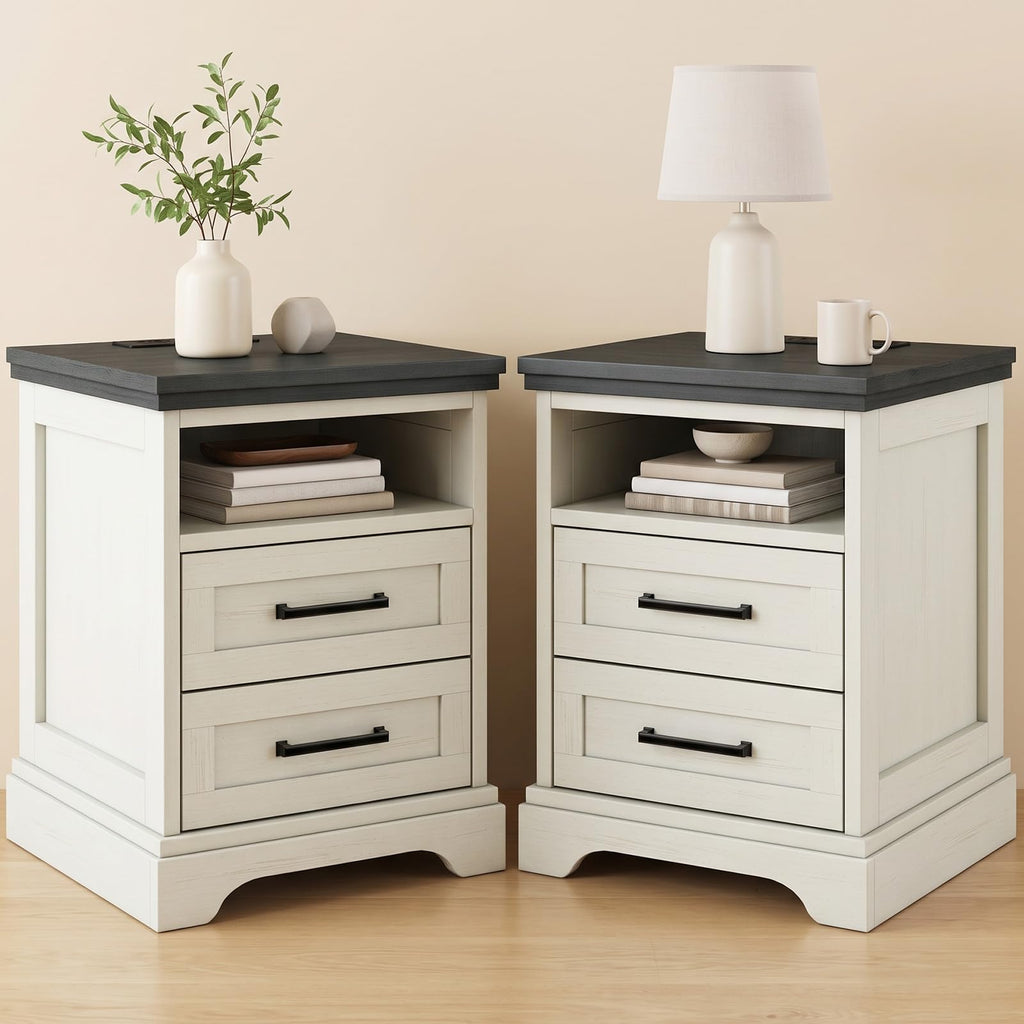 DUMOS Farmhouse Nightstand with Built-in Charging Station & USB Ports