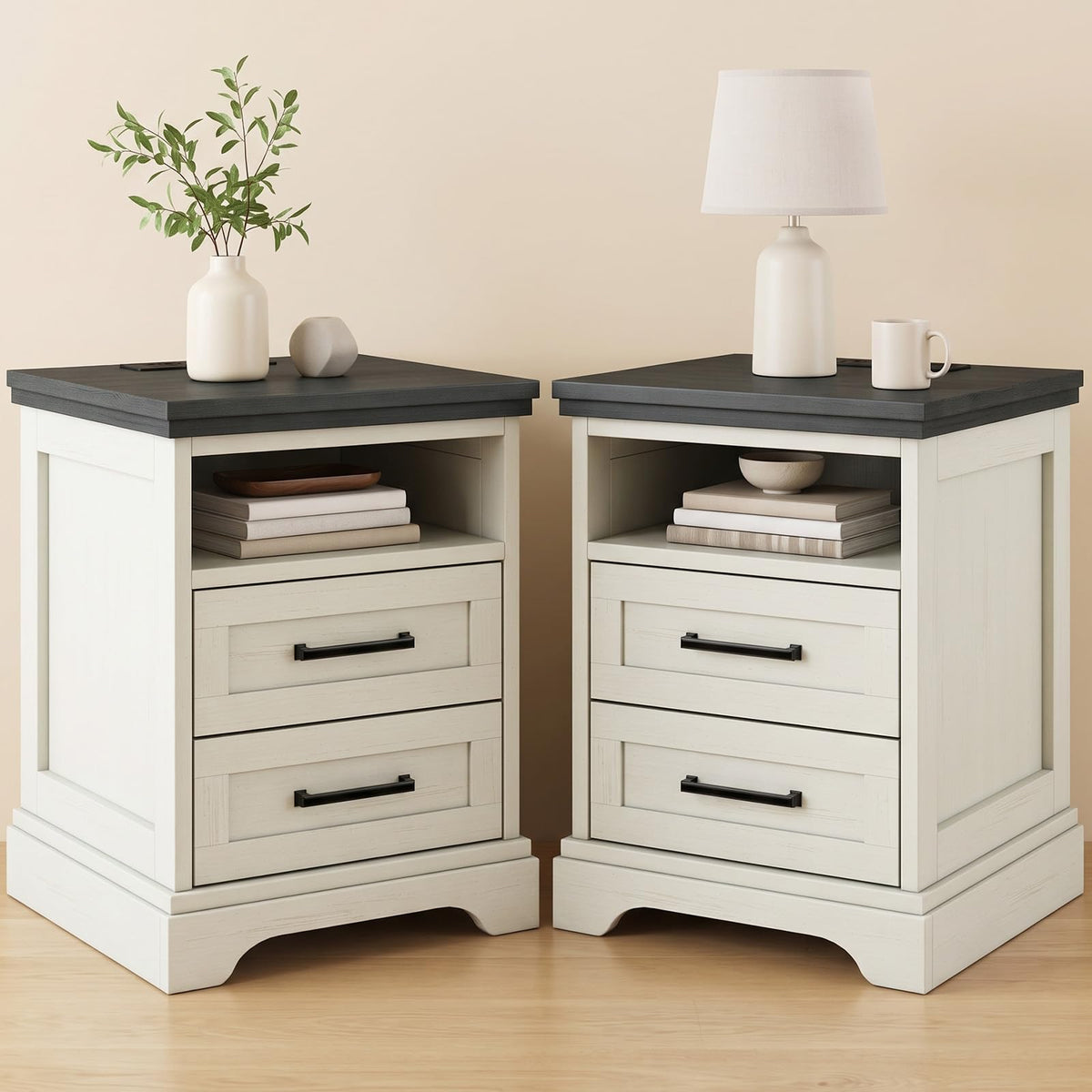 DUMOS Farmhouse Nightstand with Built-in Charging Station & USB Ports