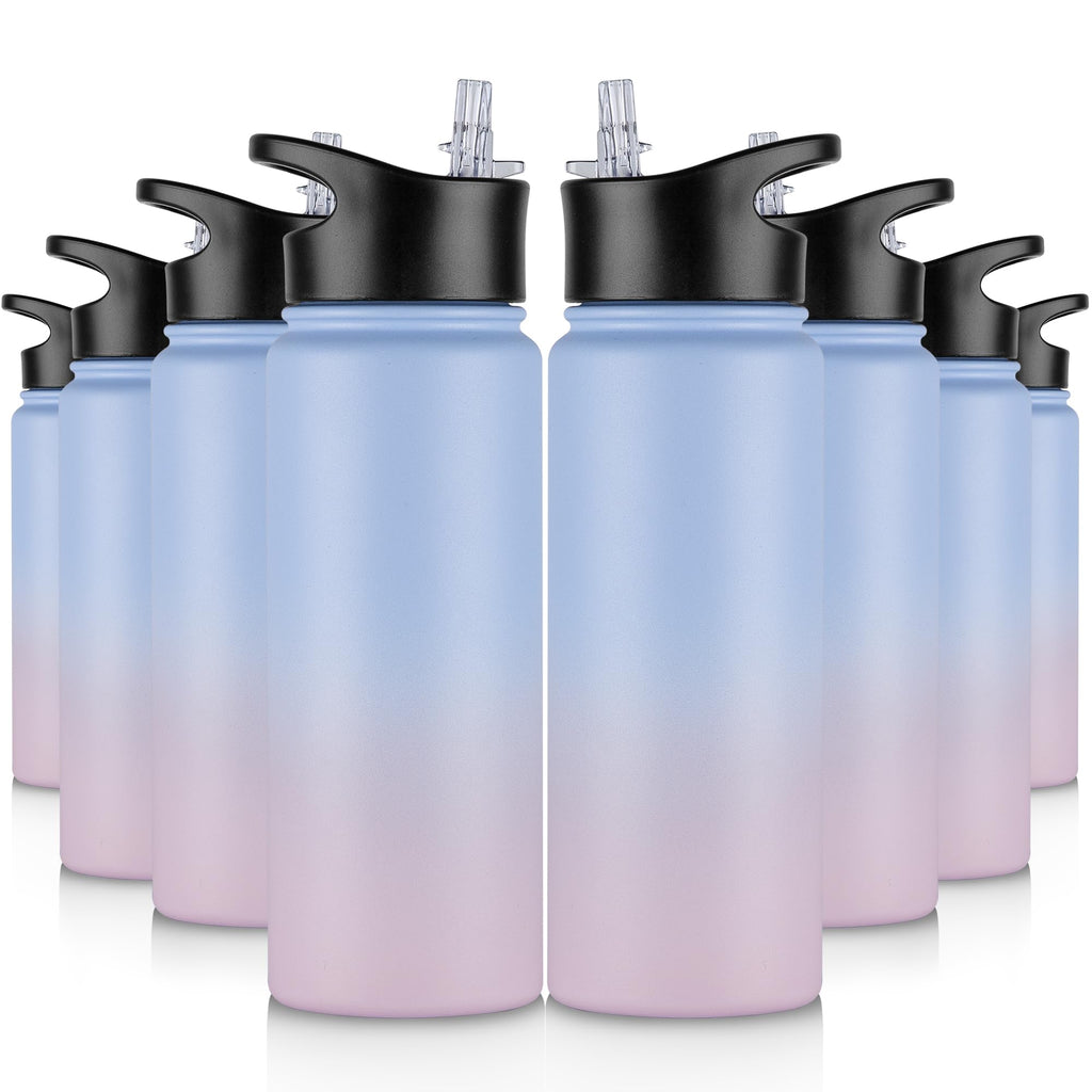 32 oz Insulated Water Bottle Bulk 8 Pack, Stainless Steel Sports Water Bottles with Straw Lid & Wide Mouth Lids, Double Walled Vacuum, Leak Proof, White