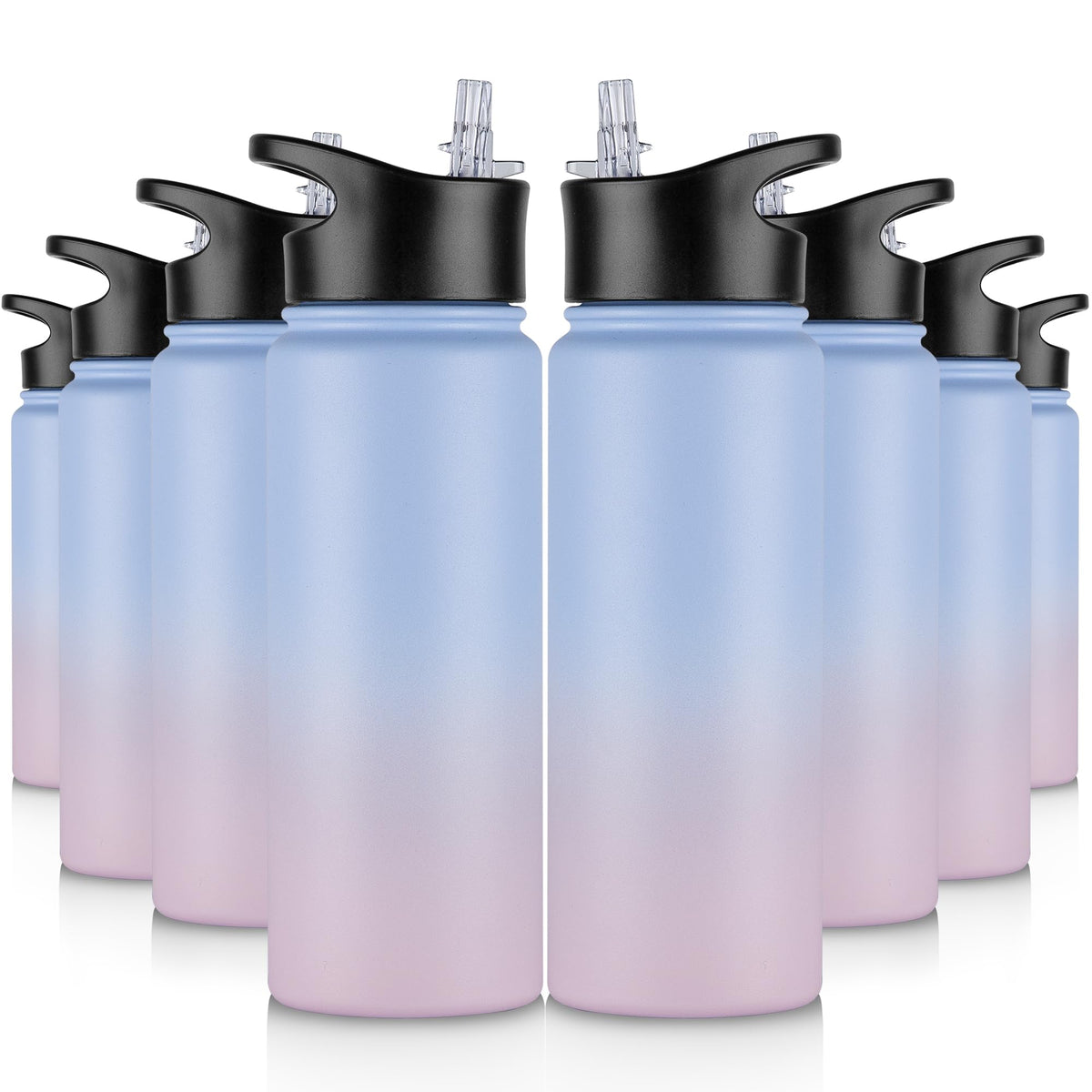 32 oz Insulated Water Bottle Bulk 8 Pack, Stainless Steel Sports Water Bottles with Straw Lid & Wide Mouth Lids, Double Walled Vacuum, Leak Proof, White