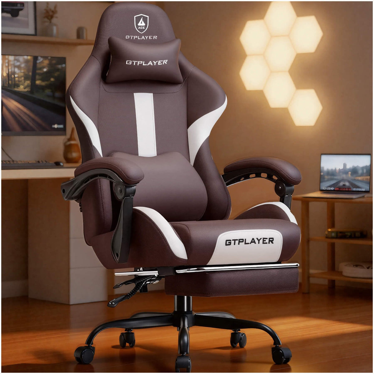 GTPLAYER Gaming Chair with Foot Rest & Pocket Spring Cushion, Ergonomic High Back Computer Desk Chair with Headrest & Lumbar Support for Back Pain Relief, Breathable Fabric, Mist-Blue
