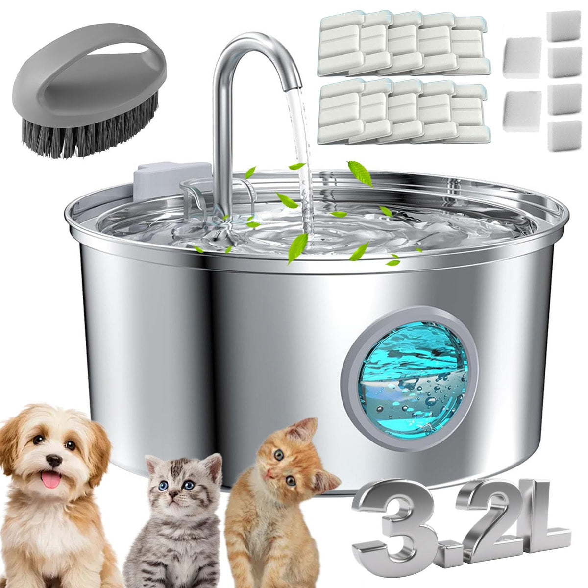 Water Fountain for Cats, 3.2L/7L Cat Fountain, Super Quiet Stainless Steel Fountain Water Bowl for Small Cats Dogs & Medium and Large Animals (Silver, 7L-with 10 Filter Element)