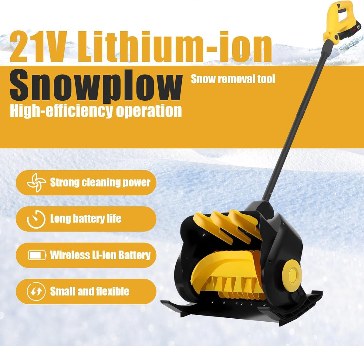 Battery Powered Snow Blower Electric Snow Thrower 21V Cordless, 16" Clearing Width, Adjustable Handle, 6" Depth, 33 Ft Throw, Lightweight Snow Shovel for Sidewalk(Battery x1)