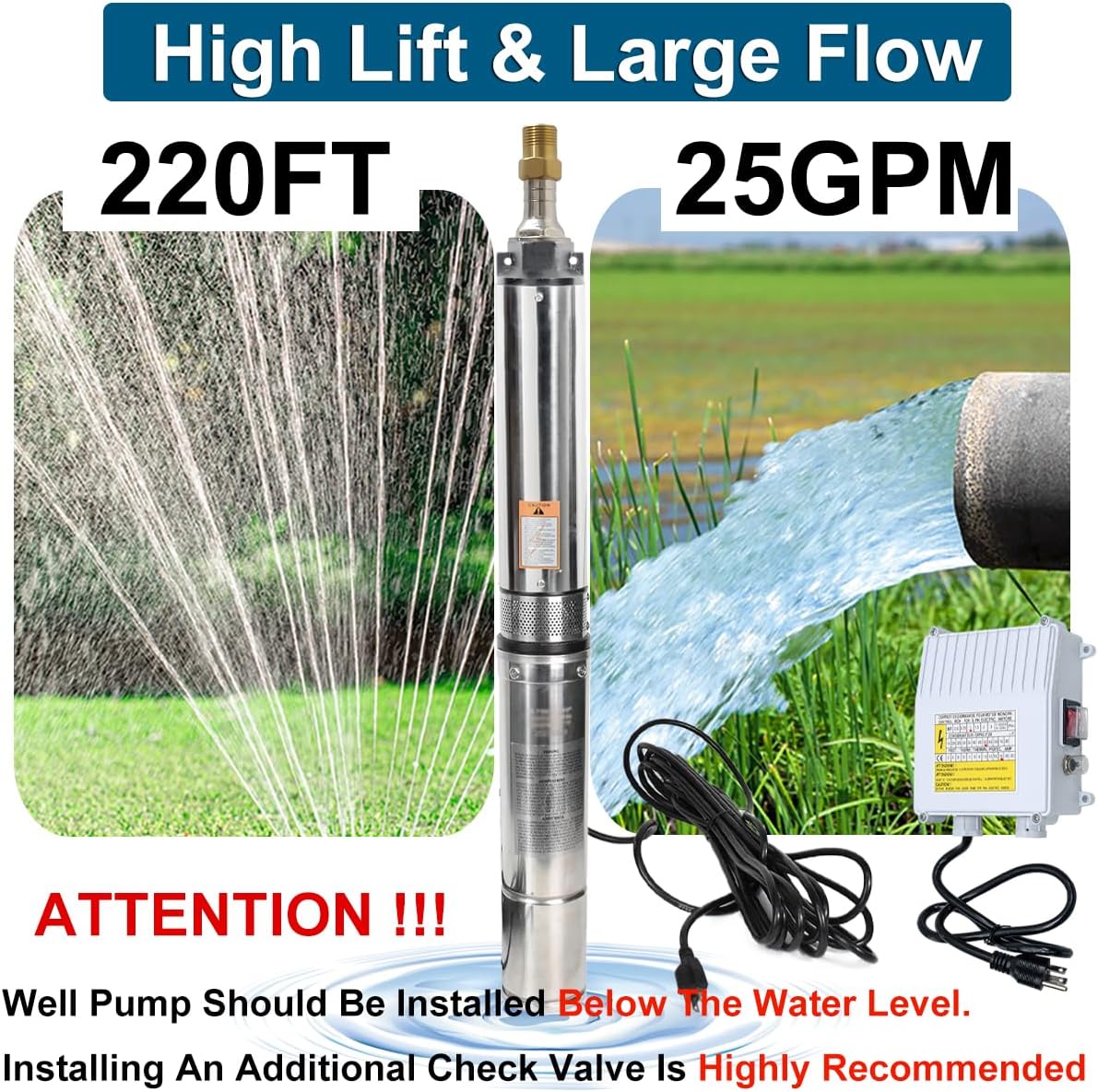 4" Deep Well Pump 110v Submersible Well Pump with Control Box with 50ft Power Cord Stainless Steel