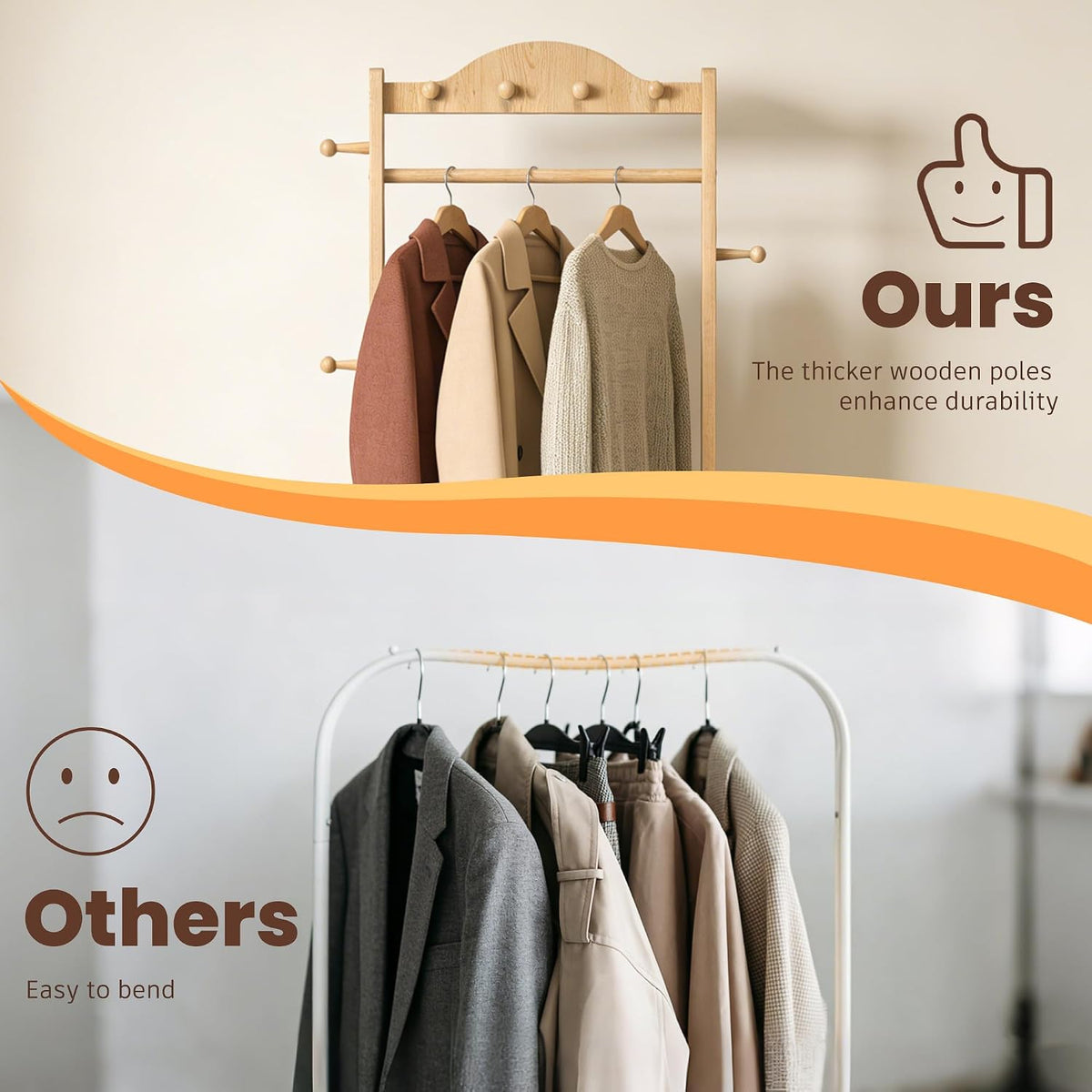 Solid Wood Coat Rack, Freestanding Clothes Rack with Wheels—Heavy Duty Clothes Rack with 2 Shelves, 4 Top Hooks & 5 Side Hooks Ideal for Wallets, Hats, Shoes, Clothes(Natural)