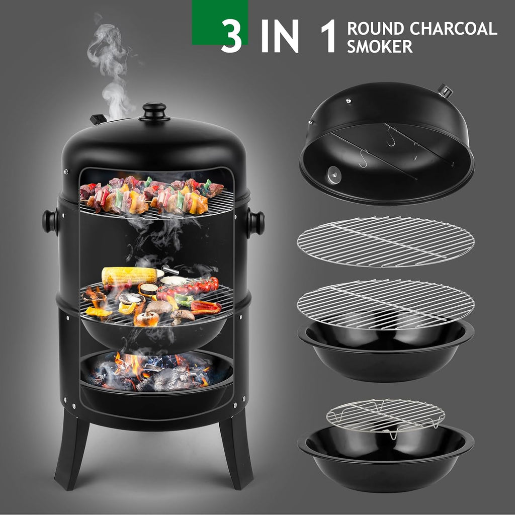 Vertical Charcoal BBQ Smoker, 3-in-1 16" Round Barbecue Grill