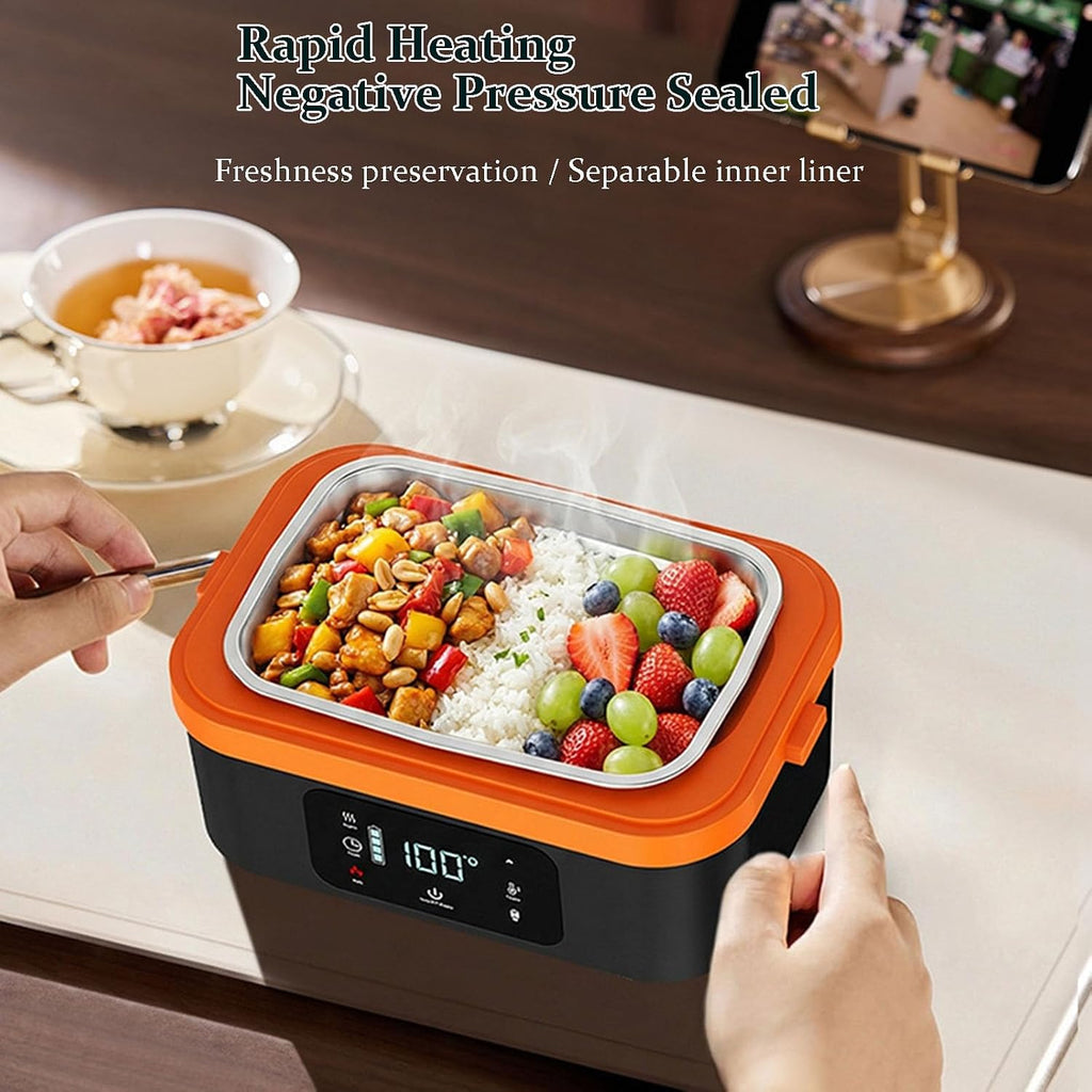 Cordless Heated Lunch Box, 30,000mAh Rechargeable Electric Lunch Box with Automatic Heatings Timer & Adjustable Heating, 5.7 Cup Portable Food Heater Warmer Office Car Outdoor (Black/Orange)