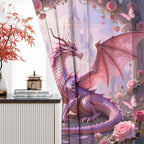 Dreamy Pink Wildlife Dragon Curtains-Fantasy Medieval Castle Rod Pocket Back Tab Window Drapes,Mythological Dragon Floral Roses Thermal Insulated Blackout Curtain,2pcs,Each 52“W x 96”L