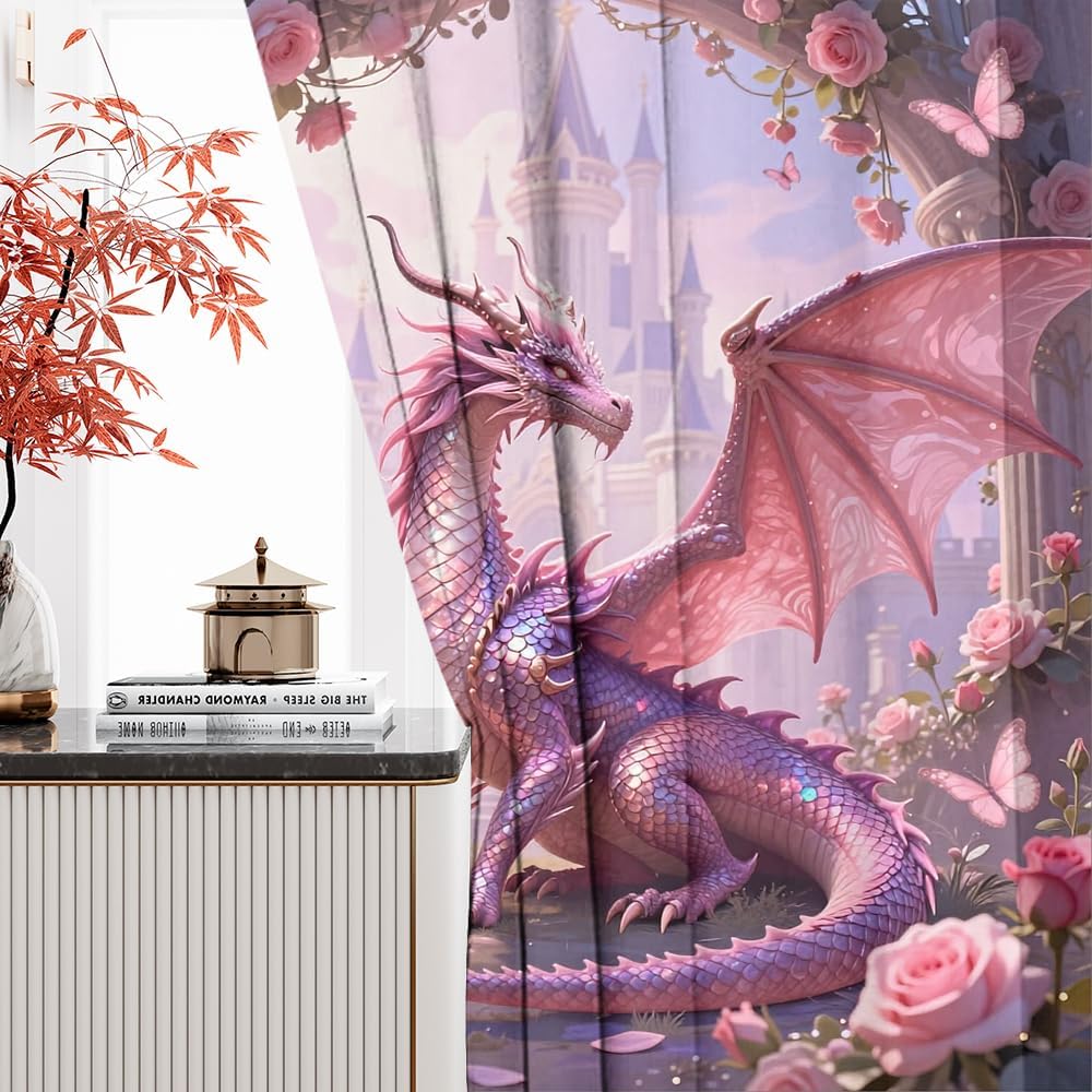 Dreamy Pink Wildlife Dragon Curtains-Fantasy Medieval Castle Rod Pocket Back Tab Window Drapes,Mythological Dragon Floral Roses Thermal Insulated Blackout Curtain,2pcs,Each 52“W x 96”L