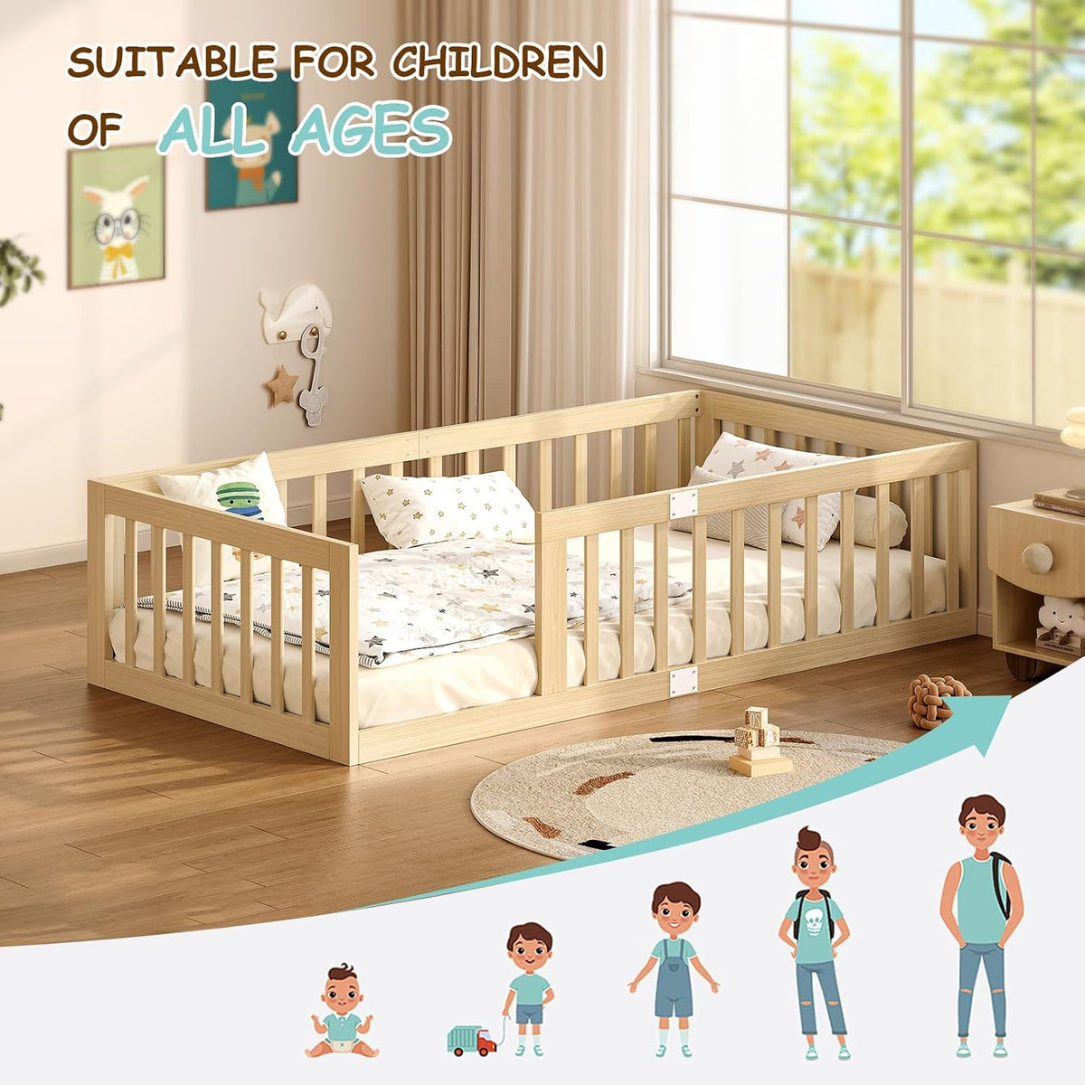 EXPERLAM Twin Montessori Floor Bed with High Guardrails and 2 Door Latch, Solid Wood Toddler Bed Frame with 10 Slats and Supporting keel, Low-to-Floor for Crib-to-Bed Transition, Natural