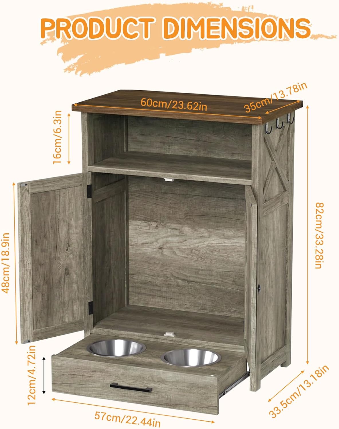 Dog Feeding Station with Storage Cabinet, Raised 2 Elevated Dog Bowls with Hidden Drawer, Pet Feeding Station with Storage, Dog Food Storage Cabinet with 3 Side Hooks, Pet Storage Station