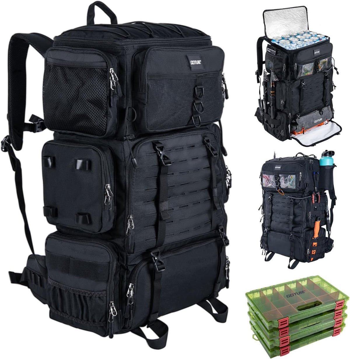 Goture 72L Fishing Tackle Backpack with Cooler & 4 3700 Tackle Boxes