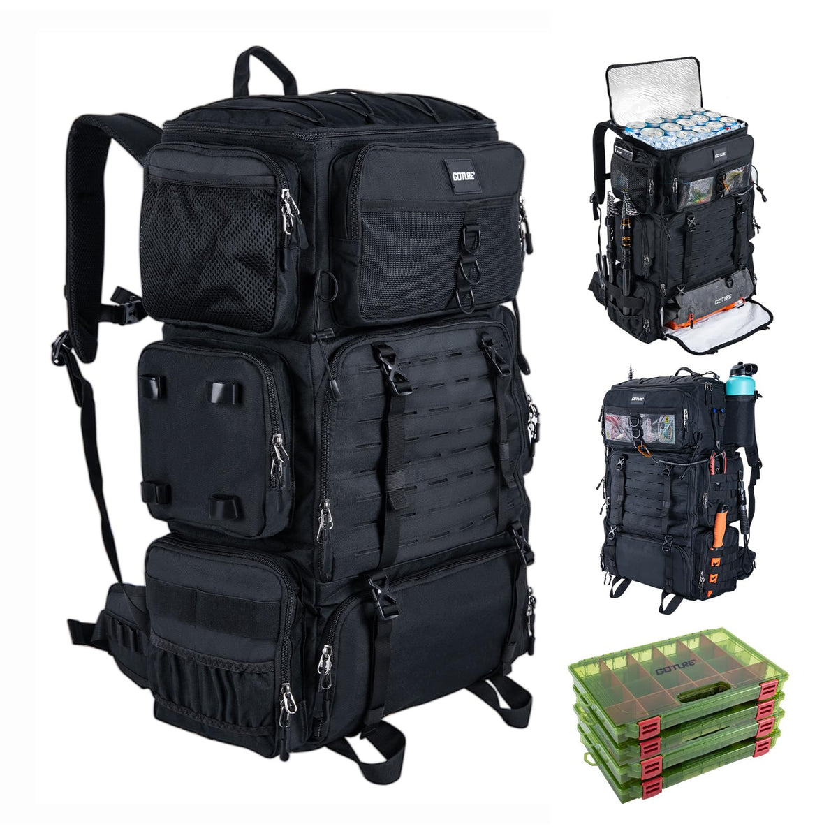Goture 72L Fishing Tackle Backpack with Cooler & 4 3700 Tackle Boxes