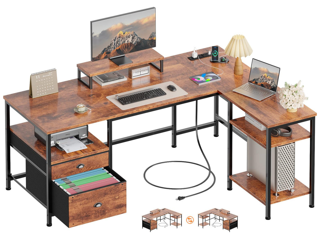 Furologee 66'' L Shaped Desk with Power Outlet and 2 Drawers, Rustic Brown