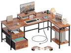 Furologee 66'' L Shaped Desk with Power Outlet and 2 Drawers, Rustic Brown